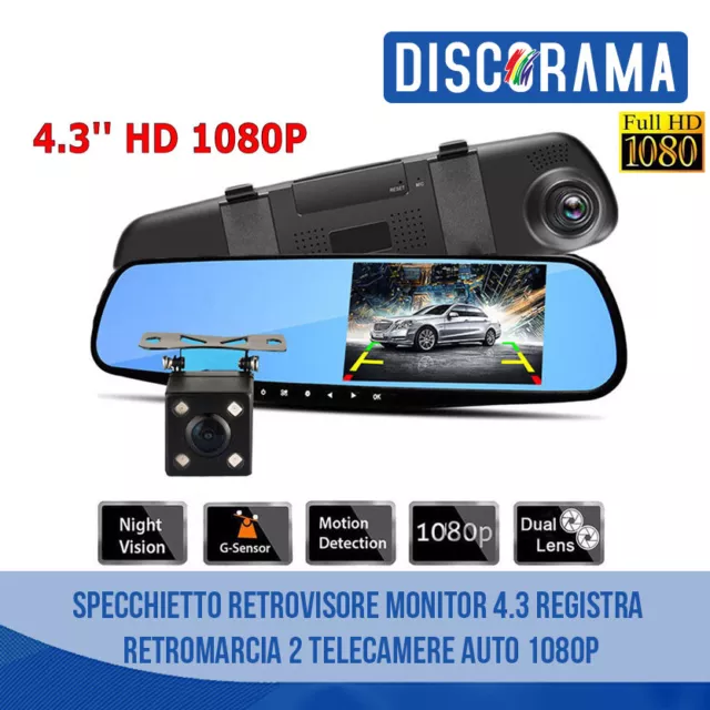 Specchietto Retrovisore Monitor 4.3 Registra Retromarcia 2 Telecamere Auto 1080P