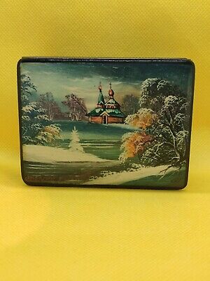 Vintage Russian Soviet Hand Painted Lacquer Trinket Jewerly Box Fedoskino Signed
