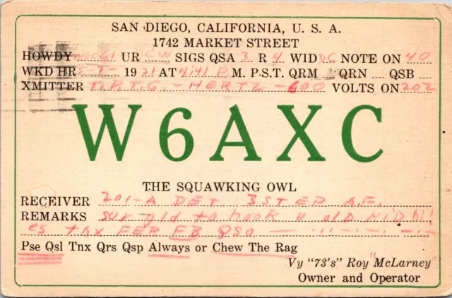 1931 W6AXC San Diego California Ham Radio Amateur QSL Card Postcard