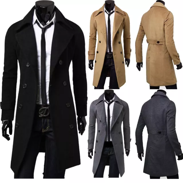 Men Double Breasted Trench Coat Winter Long Jacket Overcoat Outwear Peacoat Top