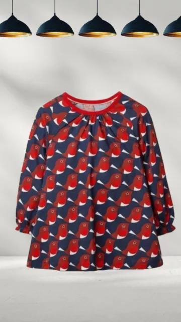 Ex Mini Boden Girl's Long Sleeve Holiday Bird Print Tunic In Blue (A Bit Defect)