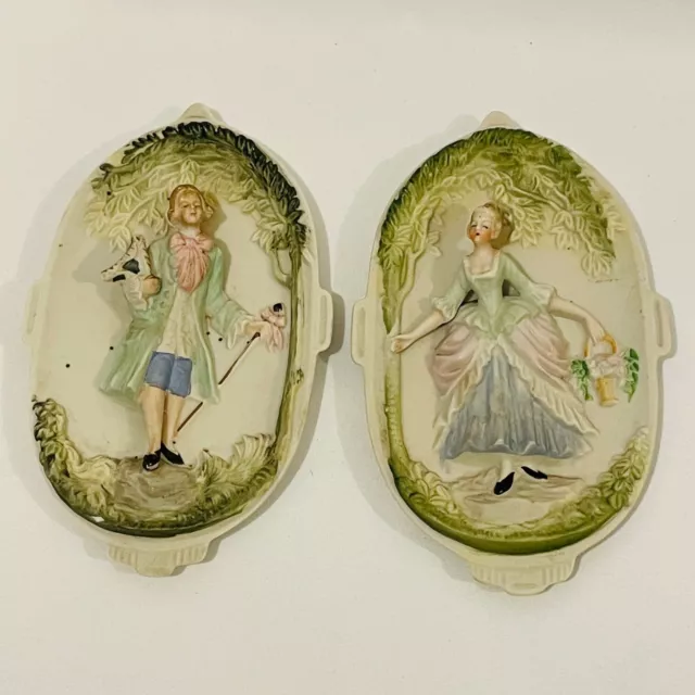 Occupied Japan Chase Porcelain Victorian Couple 3D Picture Plaques Wall Hanging