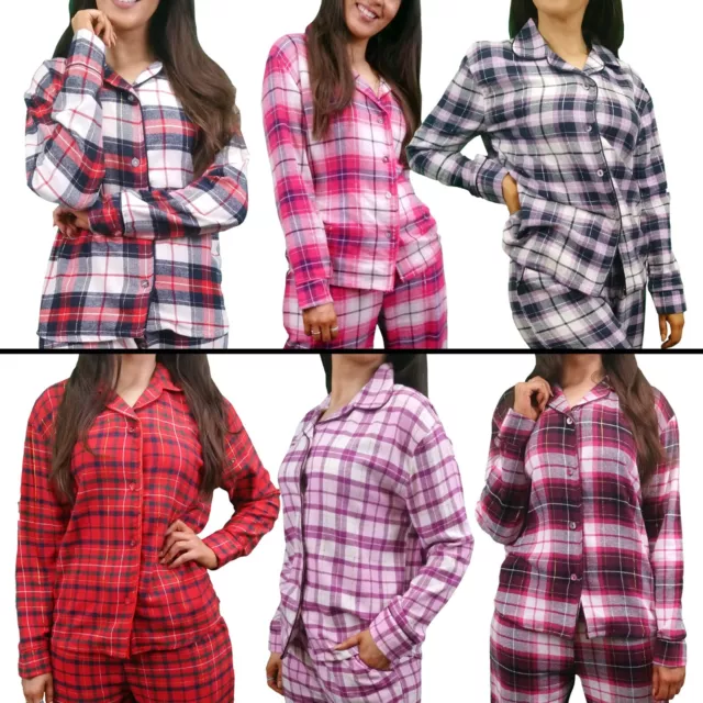 Ladies Women PJ TOP ONLY Cotton Brushed Flannel Check Tartan ButtonUp Shirt 8-26