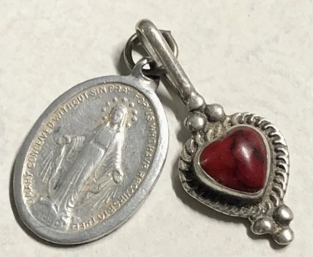 Red Jasper ATI 925 Silver Braided Heart Pendant W/ Virgin Mary