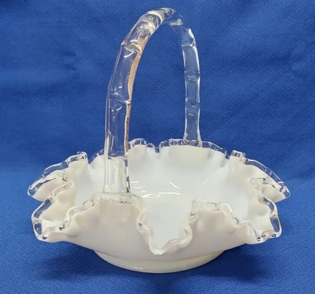 Fenton Silvercrest White Milk Glass Ruffled Basket 7" X 8" Ex Condition
