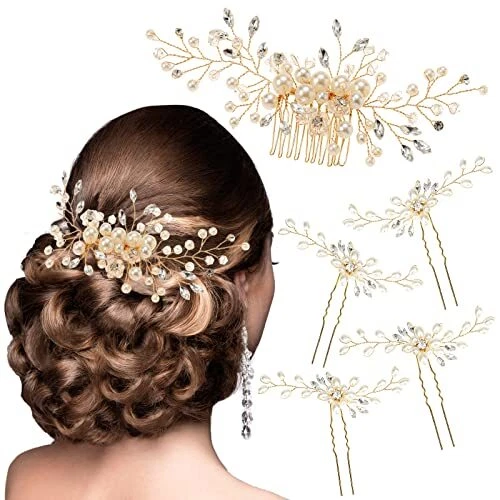 5 Pieces Wedding Hair Accessories for Brides, Pearl Crystal Rhinestone Hair