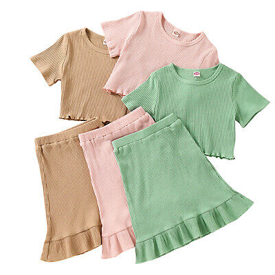Toddler Kids Girl Outfits Baby Girl Short Sleeve Tshirt+Ruffle Skirt Clothes Set