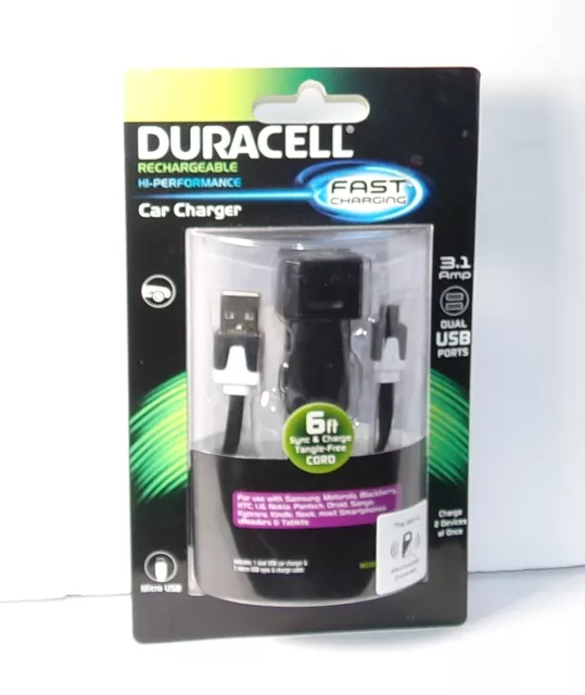 Duracell Car Charger- 6 ft Sync & Charge Cord-3.1 Amp Dual USB Ports - NEW