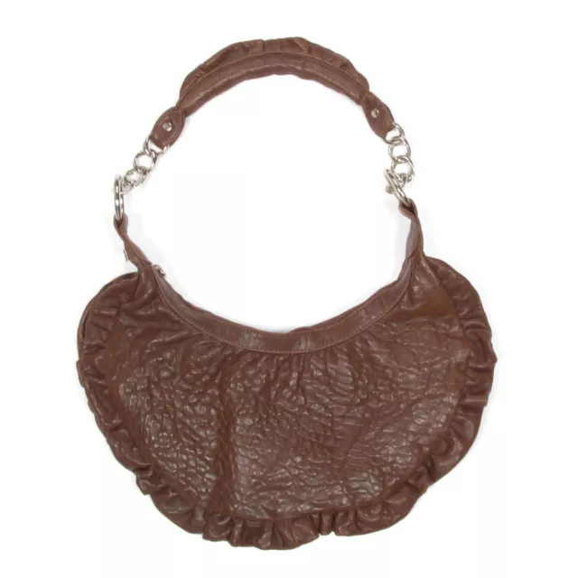 TREESJE Half Moon Pebbled Leather Brown Ruffle Trim Silver Chain Handbag Purse TREESJE Half Moon Pebbled Leather Brown Ruffle Trim Silver Chain Handbag Purse