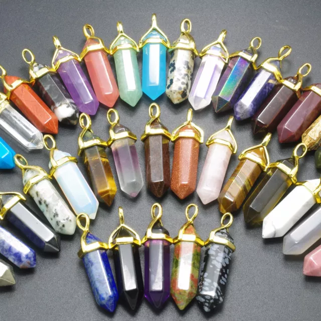 Natural Gemstones Healing Hexagonal Pointed Reiki Chakra Gold Cap Pendant Beads