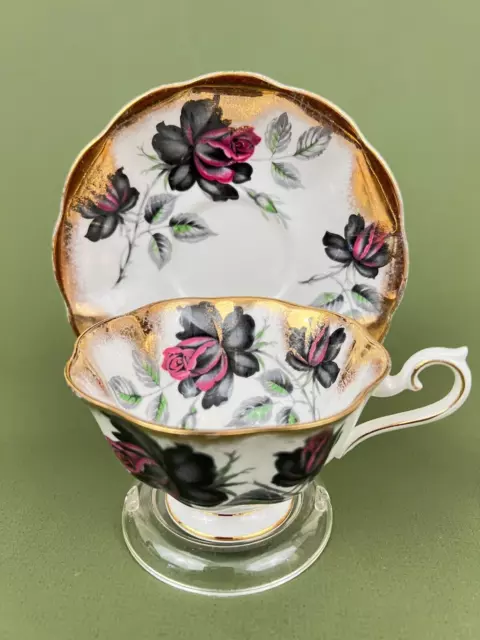 Royal Albert Masquerade Black Rose Avon Shape Tea Cup & Saucer Gold Brush Trim