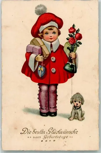 39627010 - Kind mit Hund und Blumen Verlag Erika 5893 Geburtstag 1925