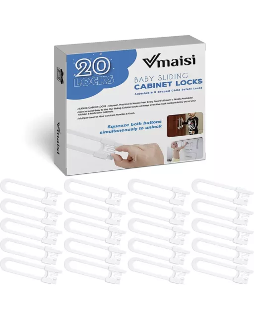 20 Pack U Shaped Sliding Cabinet Locks Baby Proofing - Vmaisi Brand.