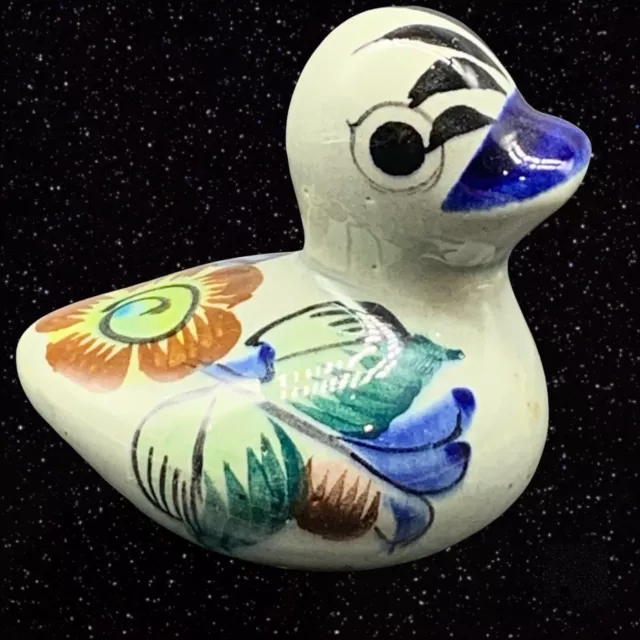 Mexican Folk Art Pottery Tonala Hand Painted Duck Bird Figurine 2.25”T 2.5”W