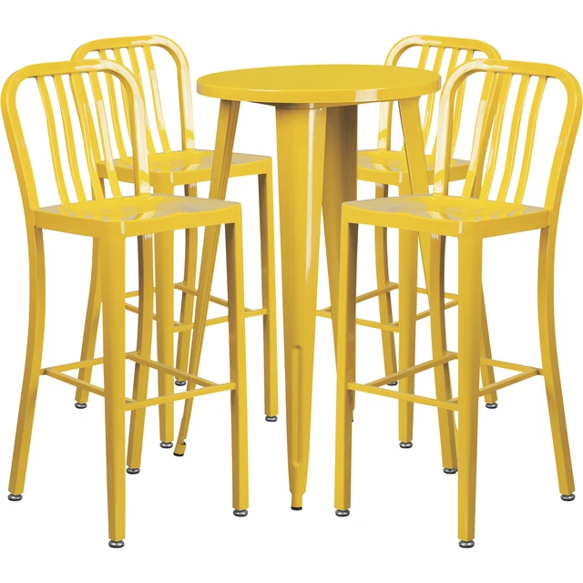 5-Pc Yellow Metal Bar Table Set -24inx41inH Round Table w/4 Industrial-Style