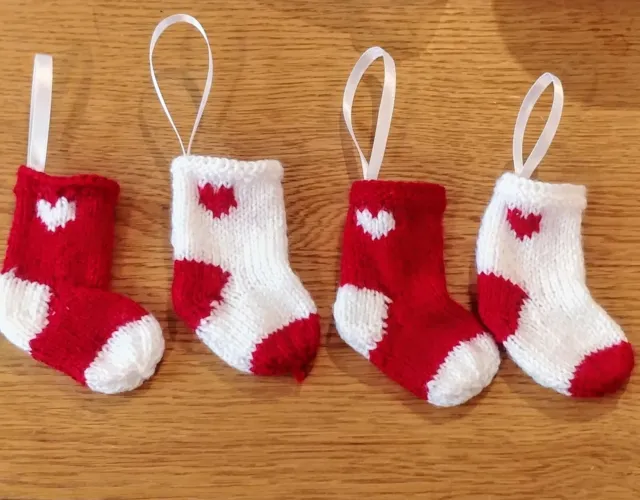 4 Christmas mini  stocking Hand knitted tree Dec cutlery holder elf sweets Coins