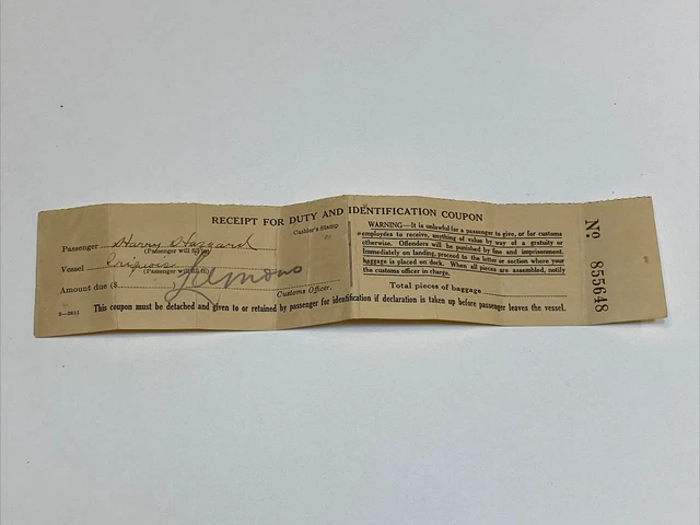 Harry Hazzard barco iroqués buque identificación de pasajeros deber cupón de viaje vintage