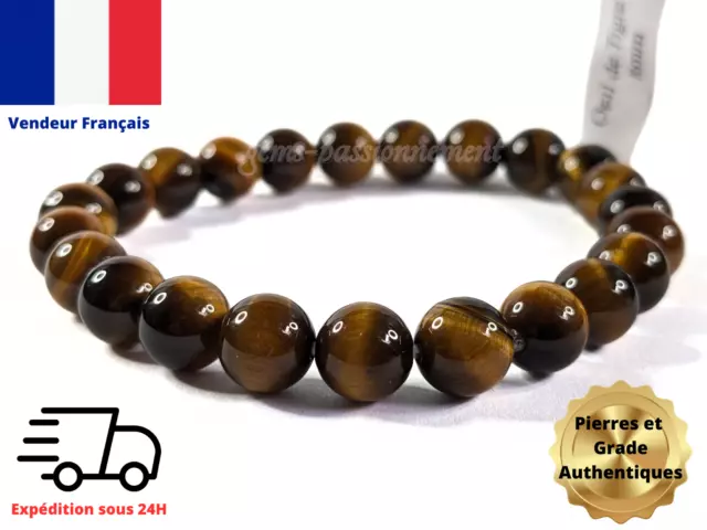 Bracelet Pierre Naturelle Œil de Tigre, ajustable 08mm grade AA - Lithothérapie