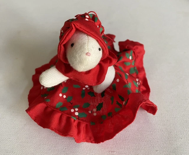 Vintage Russ Berrie Girl Mouse Christmas Ornament Red Dress & Bonnet 1980's 3"