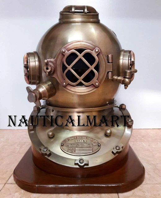 Ancien Casque De Plongée + Boussole Bureau - Laiton Et Cuivre - Décoration Vintage Marine USA Navy