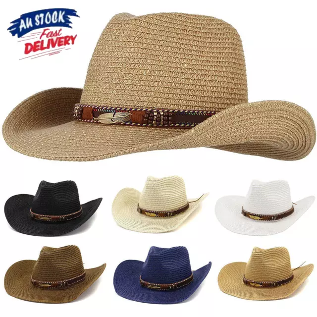 Men Women Straw Cowboy Cowgirl Hat Sun Wild West Western Wide Brim Sunshade Cap