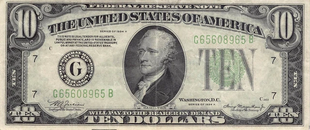 1934-A Chicago $10 Federal Reserve Note Green Seal Dollar Bill (PM133)