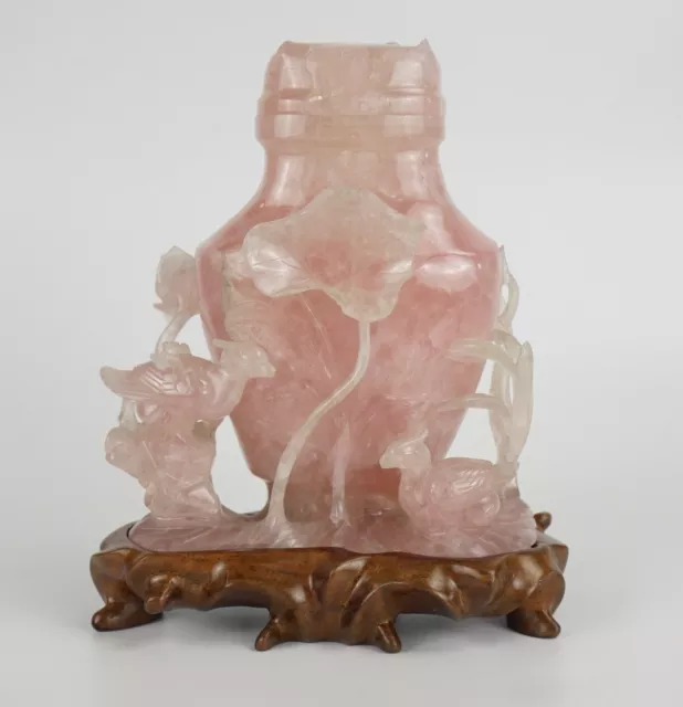 Chinese Rose Quartz Crystal Carved Lotus Vase on Carved Wooden Stand