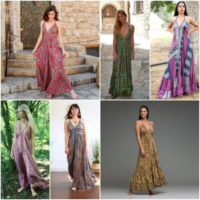 Venta al por mayor 10 PC vestido de seda indio verano Hippie Halter largo...