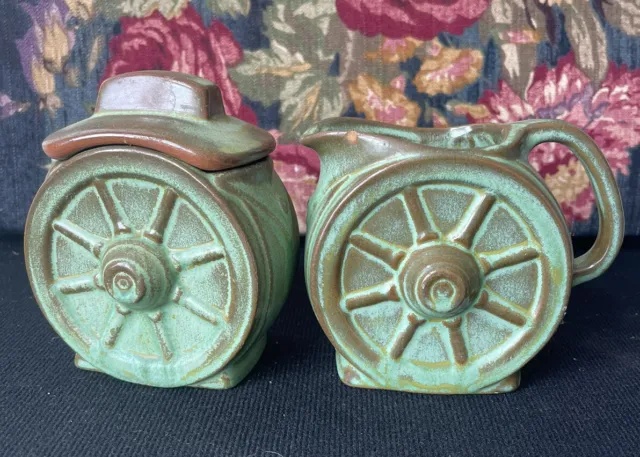 Vintage Frankoma Pottery Prairie Green Wagon Wheel Cream And Sugar Bowl Set