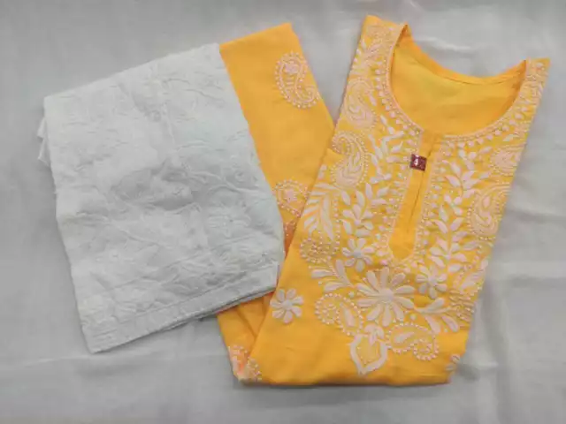 Lucknowi Yellow Computer Cotton Kurti Straight Kurta with Lycra Pant and Salwaar