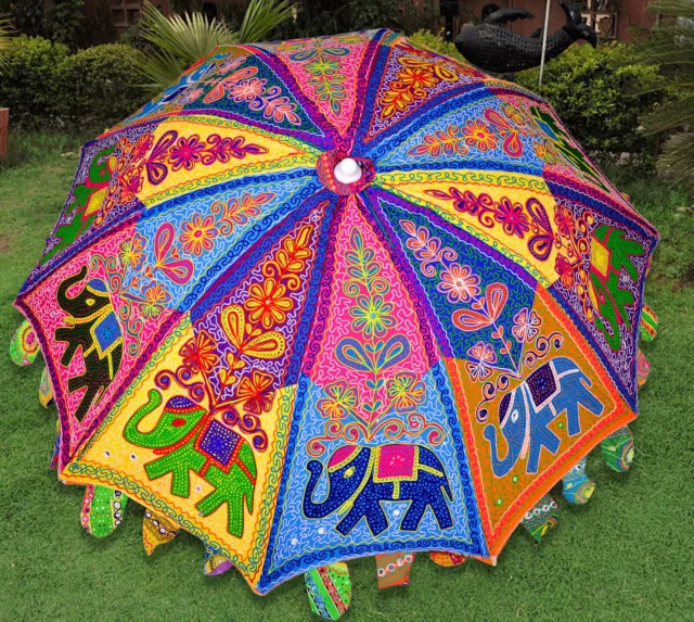 Indian Embroidered Garden Parasol Flower 72" Outdoor Sun Shade Patio Umbrella