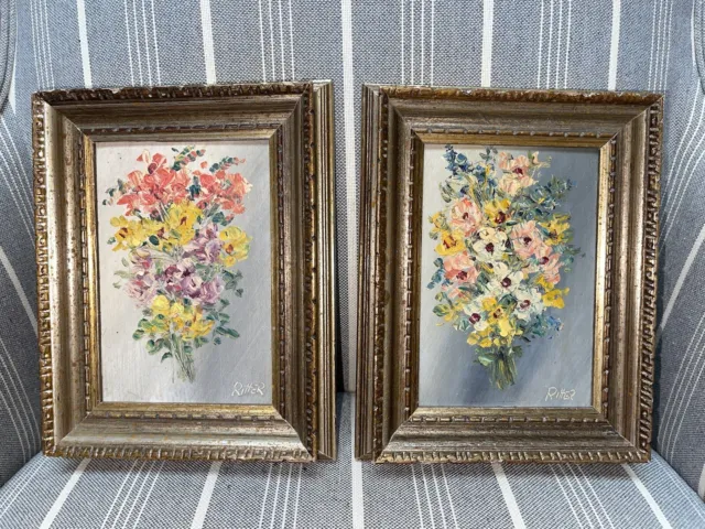 Pair Of Vtg Mid Century Floral Still Life Painting Carved Wood Frame Leo RITTER