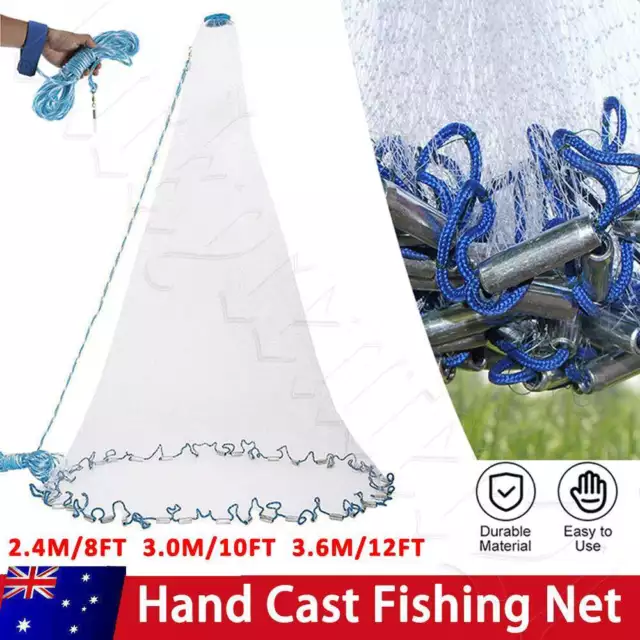 6-16FT Saltwater Fishing Cast Net Bait Easy Throw Hand Cast Strong Nylon Mesh AU
