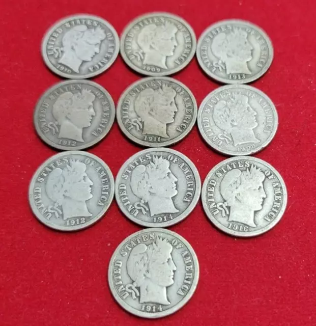 10 Different VG/F Barber Dimes 1908-1914 231216