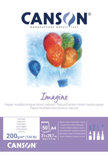 Canson Imagine A4 200g White Mixed Media Paper Pad, Light Grain, Markers, Brushe