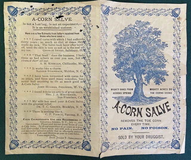 A-Corn Salve Advertising Flyer Quack Medicine Antique Toe Corn Cure Acorn Cream
