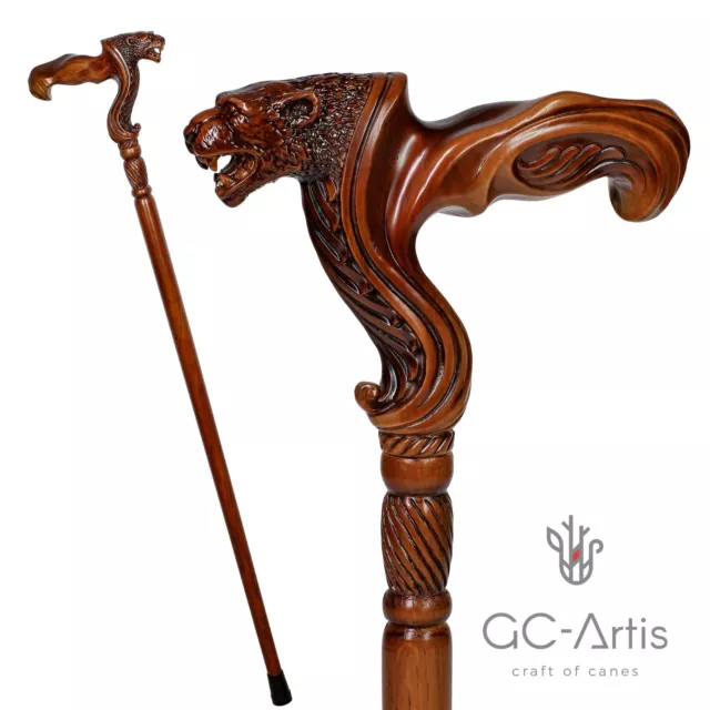 Jaguar Walking Stick Cane for men women Wooden Ergonomic Palm Grip Handle Carved