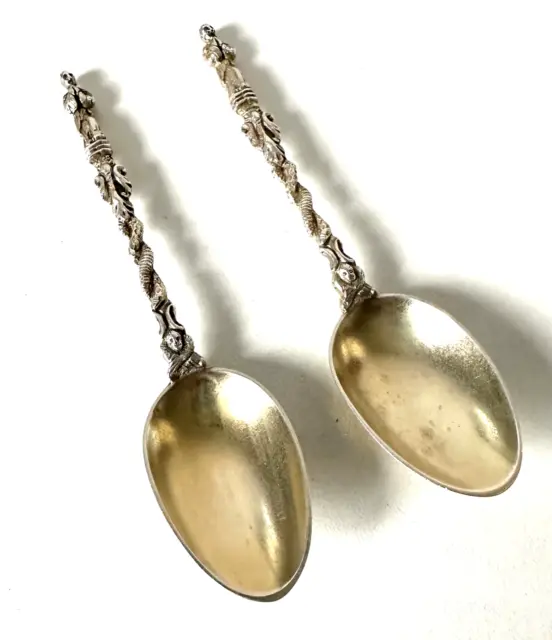 1876 Victorian Gothic Apostle Spoons Solid Sterling Silver Pair Tea Spoons