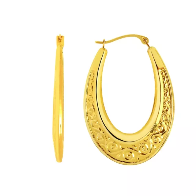 Large Oval Shape Hoop Earrings Art Scroll Design 14k Yellow Gold 34mm Long 24mm