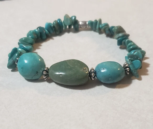 Chunky Turquoise Bracelet With Sterling Silver Beads Sm/Md Stretch