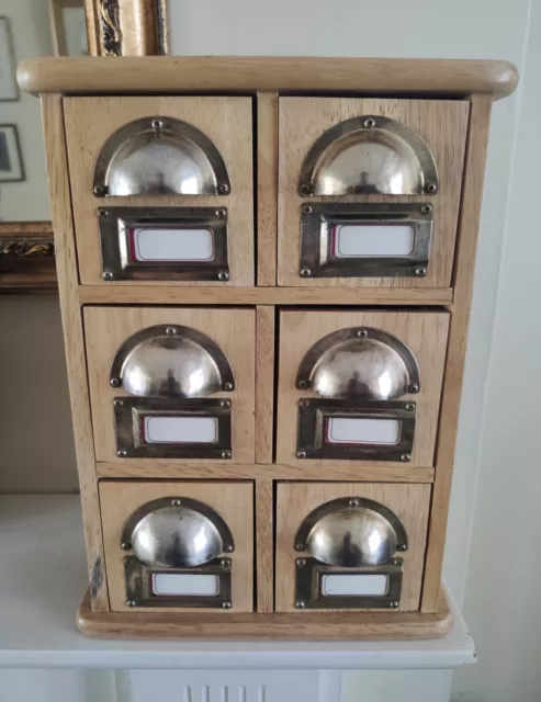 Solid Oak & Brass 6 drawer Spice Rack, Jewellery Box, Trinkets Chest with Labels