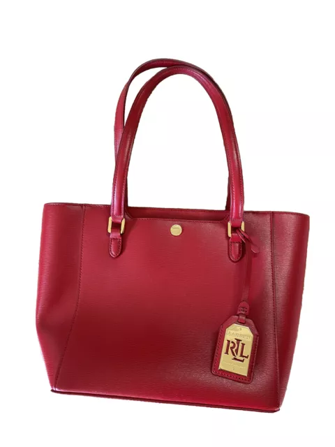 RALPH LAUREN Newbury Halee Leather Tote Handbag Women’s Red Gold