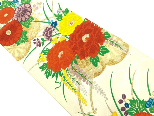 10731# Japanese Kimono / Antique Fukuro Obi / Woven Flower Cart