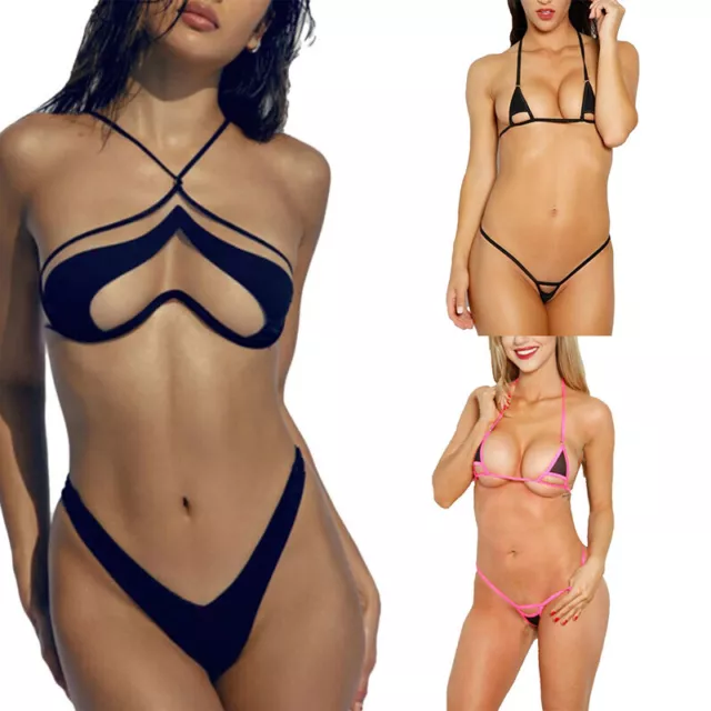 Womens Bikini Set Shiny Metallic Clear Strap Bra Top G-String Monokini  Swimsuit