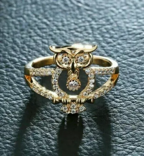 2Ct Round Cut Simulated Diamond Owl Shape Wedding Ring In 14k Yellow Gold Plated