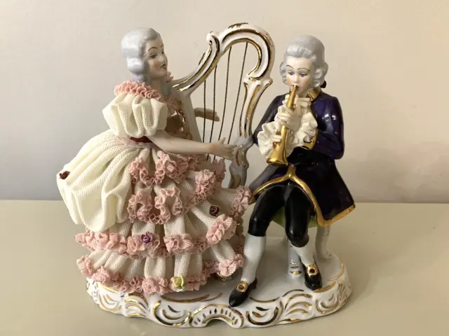 Antique Dresden Porcelain Lace Musicians Figurine Couple Harp Clarinet Germany