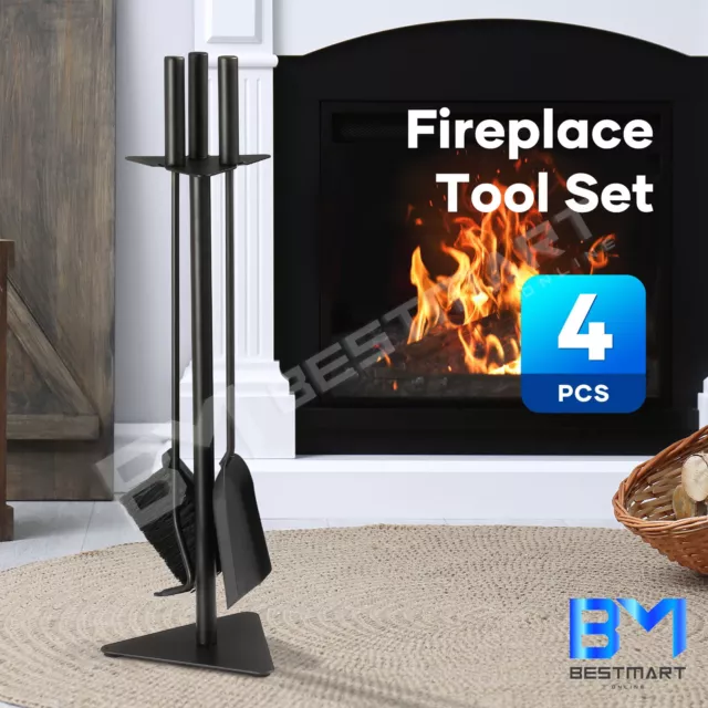 Fireplace Tool Set 4 PCS Fire Place Brush Poker Shovel Stand Cast Iron Tongs