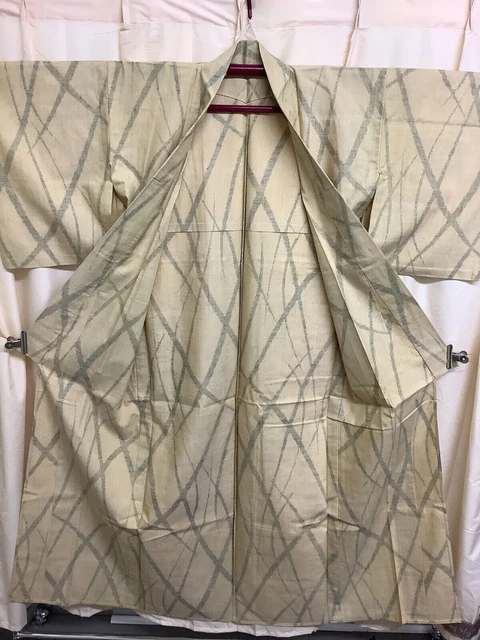 Japanese Vintage Kimono pure silk cream Traditional length 64.17 inch used 8