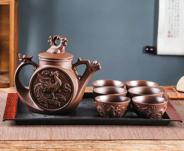 A Set Delicate Chinese Yixing purple clay pot Brown Dragon phoenix Teapot s108