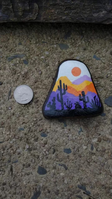 Small Hand Painted Rock Stone Art Cactus Desert Mountains Summer Sun Silhouette